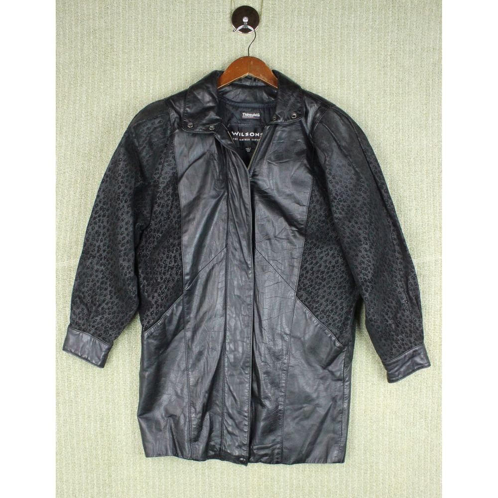 Vintage 80s 90s Wilsons Black Leather Jacket Womens XS Black Leopard Sueded Long